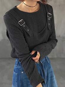 FRIFUL Áo thun nữ tay dài dáng rộng 2 trong 1 có dây đeo điều chỉnh họa tiết dọc thời trang dạo phố - Xám - Xem 5