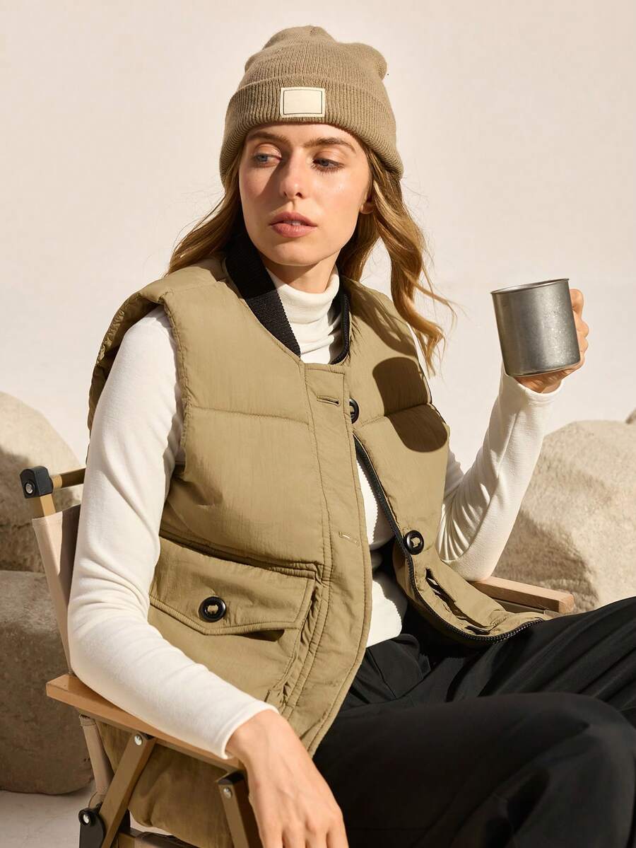 Easithlete Women's Casual Baseball Collar Loose Vest Jacket, Autumn/Winter New Arrival - Khaki - View 1