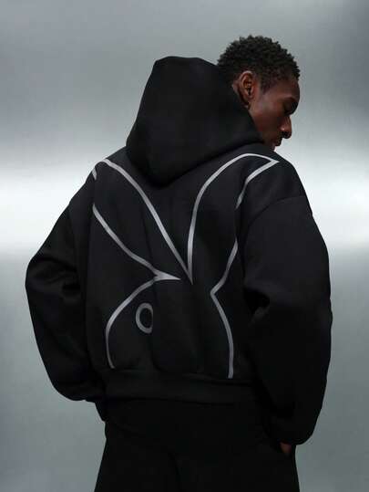 PLAYBOY X SUMWON 短款男士套头连帽衫，兔子标志印花设计，休闲运动衫