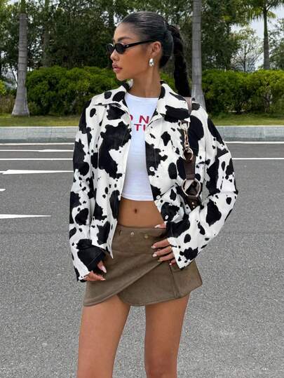 SHEIN EZwear Plus Size Retro Black & White Cow Print Jacket Autumn Winter Clothes For Women
