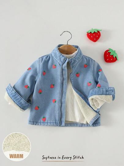 Cozy Pixies 女婴草莓图案保暖牛仔蓝翻领长袖外套，加厚冬装，舒适休闲复古风，适合室内、室外、日常穿着、运动、玩耍、派对、返校季、节日、万圣节、圣诞节、新年等场合。