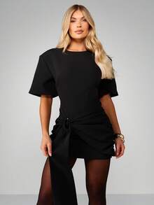 MISSGUIDED 褶饰系带细节短袖迷你连衣裙，修身派对晚礼服 - 黑色 - 查看 3