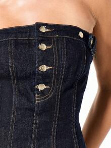 SUMWON WOMEN Áo corset ống quây bằng vải denim màu chàm có chi tiết nút vàng và viền thô - Màu xanh lam - Xem 6