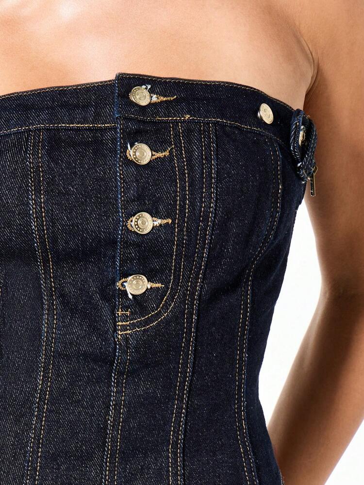 SUMWON WOMEN Denim Bandeau Corset With Gold Buttons