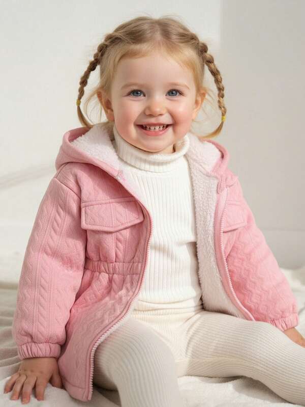 Cozy Pixies Abrigo acolchado con capucha de manga larga y cremallera en color rosa pálido con bajo acampanado, ropa de abrigo de poliéster cálida para niñas pequeñas en otoño/invierno