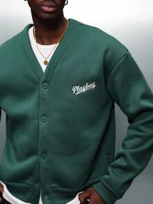 PLAYBOY X SUMWON Crop Fit Varsity Cardigan Sweatshirt With Button Front Closure And Logo Embroidery - Dark Green - View 7