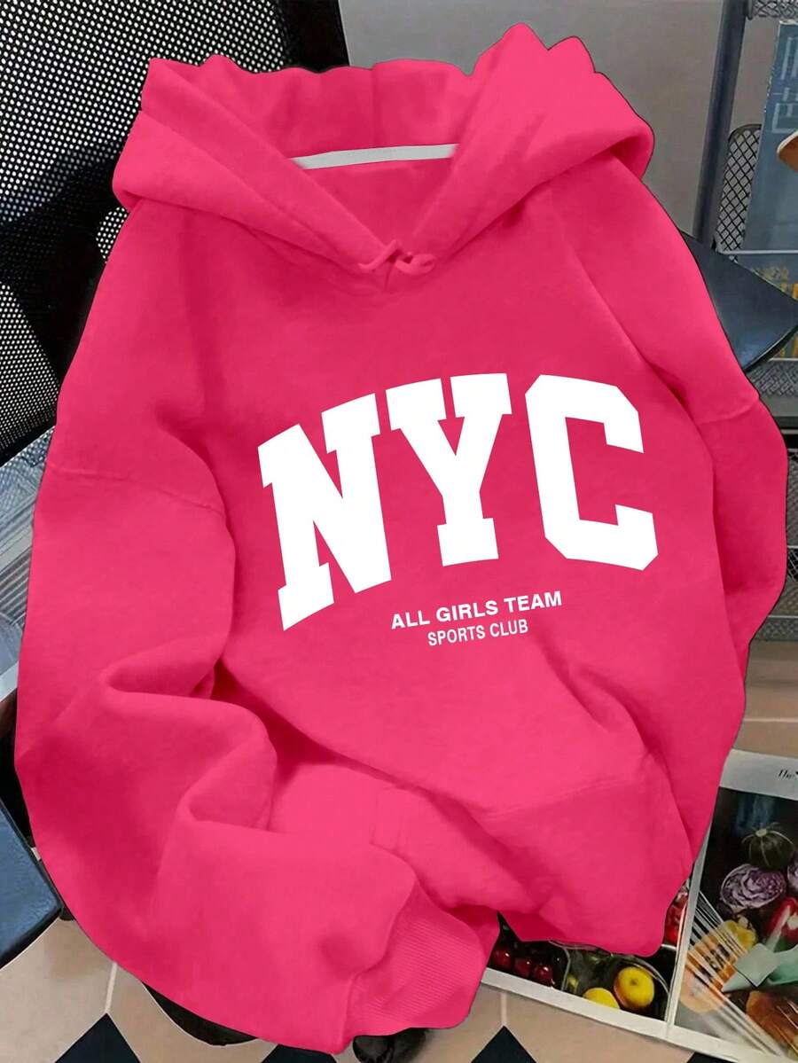 Flirla 大码女式标语字母“NYC ALL GIRLS TEAM SPORTS CLUB”城市名称图案印花保暖抽绳卫衣 - 玫紅色 - 查看 1