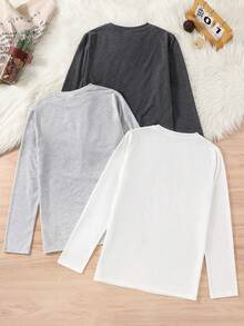 SHEIN 3 件套青少年男孩休闲徽标和标语印花圆领长袖 T 恤，经典简约百搭百搭，适合圣诞节、居家、通勤、学校、日常休闲、度假、户外、派对、秋冬 - 彩色 - 查看 2