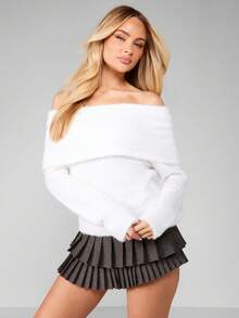 MISSGUIDED 露肩毛绒针织毛衣秋冬舒适套头衫长袖露肩领口 - 白色 - 查看 1