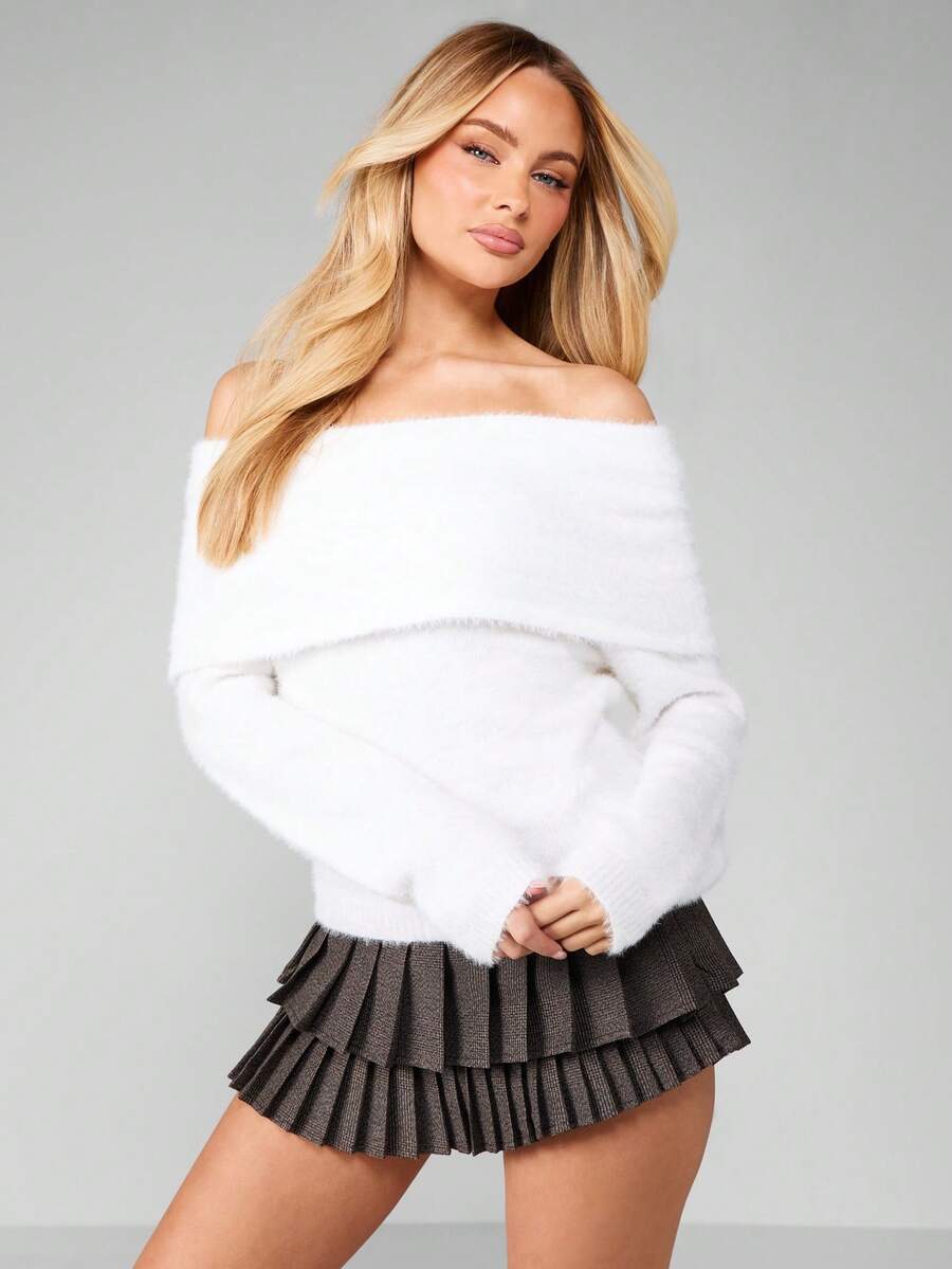 MISSGUIDED 露肩毛绒针织毛衣秋冬舒适套头衫长袖露肩领口 - 白色 - 查看 1