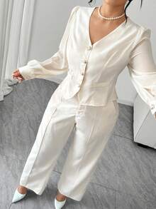 Elenzga 女式加大码纯色 V 领雪纺拼接长袖仿口袋上衣和阔腿裤优雅两件套 - 杏色 - 查看 6