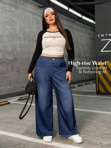 Flexra Plus Size High Stretch Knit Wide Leg Boyfriend Jeans - Medium Wash - View 6