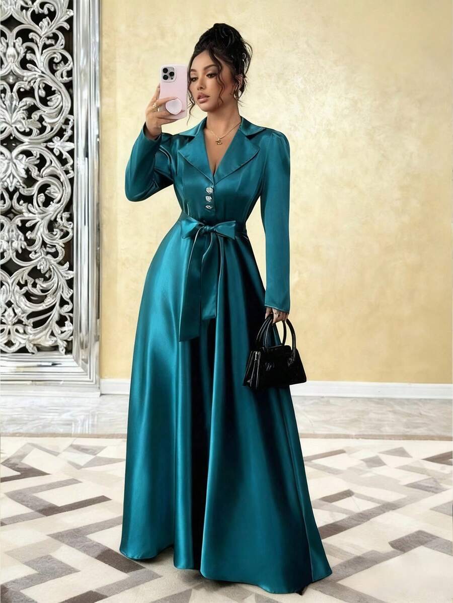 SHEIN Elenzya 女士优雅V领收腰A字长袖连衣裙,浪漫精致 - 藏蓝色 - 查看 1