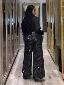 Xyvia 秋冬优雅女士 V 领宽松褶皱系带亮片连体裤，适合派对、圣诞节、万圣节、新年、约会、通勤、复古风格 - 黑色 - 查看 2