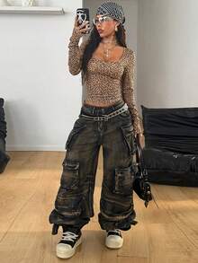 Coolane Women's Fall/Winter Streetwear Going Out Festival Vintage Y2K Basic Leopard Notched Stretchy Long Sleeve T-Shirt,Cheetah Print