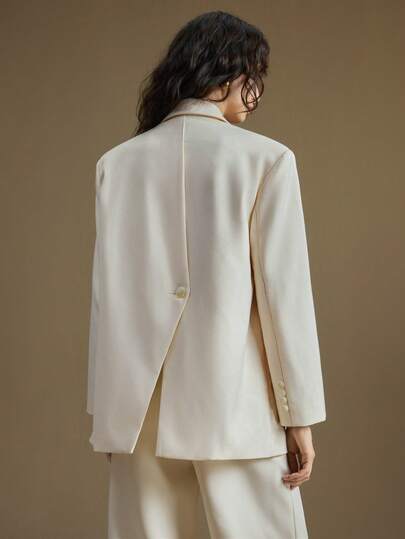 Ontre Wool Frabric Women's Beige & Almond Wool Blend Comfortable Fabric High-Quality Lapel Shoulder Long Sleeve Loose Relaxed Fit Back Slit Button Decor Open-Close All-Season Versatile Winter Essential Modern Urban Casual Business Office Wear Low-Key Vintage Elegant Quality Airport Fashion Streetwear Cafe Relaxed Style Women Blazer High-End, Elegant, Old-Fashioned Cruise Attire For Wedding Guests A Must-Have For Autumn And Winter: A High-End, Comfortable, Vintage-Style Jacket White Blazer For Women Wh