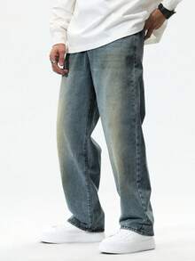 Chillumni 男士休闲做旧宽松斜口袋牛仔裤，秋季 - 中等水洗藍 - 查看 8