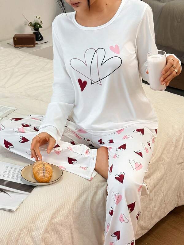 SHEIN 2pcs Casual Heart Print Crew Neck Long Sleeve Top & Pants Pajama Set For Women Round Neck Cute Sleep Wear Women Pajama Sets, Winter Clothes