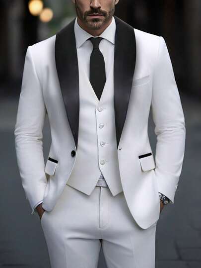 Calvornis 男士撞色披肩领长袖夹克和裤子商务西装套装白色西装男男士白色西装外套白色派对西装