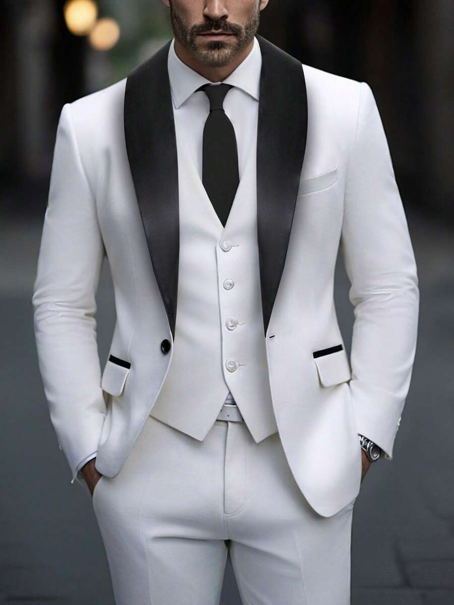 Calvornis 男士撞色披肩领长袖西装外套和裤子商务套装 白色西装 男士白色西装外套和裤子 派对西装 婚礼西装 - 白色 - 查看 1