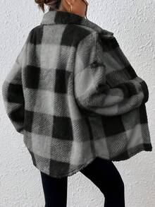 INAWLY Chaqueta regular de manga larga con botones frontales y estampado de cuadros de franela para mujer - Gris Oscuro - Ver 2