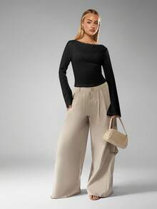 MISSGUIDED Ribbed Long Sleeve Knit Top Boat Neck Pullover Sweater Fall Winter Casual Basic - Black - View 3