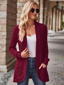 EMERY ROSE Women's Casual Ribbed Brushed Open Front Side Pocket Shorts Jacket, Lightweight - Burgundy - View 4