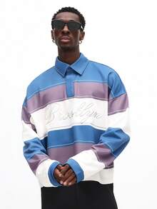 SUMWON Men's Regular Fit Horizontal Striped Rugby Polo With Embroidered Brooklyn Script Casual - Multicolor - View 5