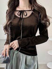 FRIFUL 女士圆领落肩长袖黑色撞色包边抽绳修身休闲百搭磨毛T恤，秋冬外出上衣 - 棕色 - 查看 6