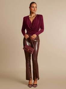 Silquee 橄榄绿色低胸优雅垫肩褶饰长袖紧身衣，适合约会、郊游、婚礼和派对 - 酒紅色 - 查看 6