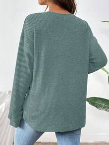 SHEIN 孕妇纯色圆领落肩长袖侧扣哺乳上衣 - 綠色 - 查看 2