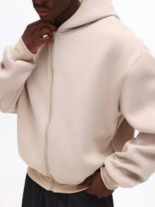 SUMWON 男士短款修身拉链连帽衫，带抽绳，休闲街头风卫衣，纯色 - 杏色 - 查看 3