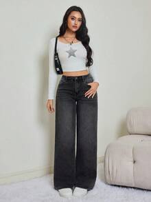 SHEIN Tall 秋冬女士休闲直筒牛仔裤，带口袋和保暖内衬，冬季服装，暖白色保暖内衬低腰黑色牛仔裤 - 黑色 - 查看 2