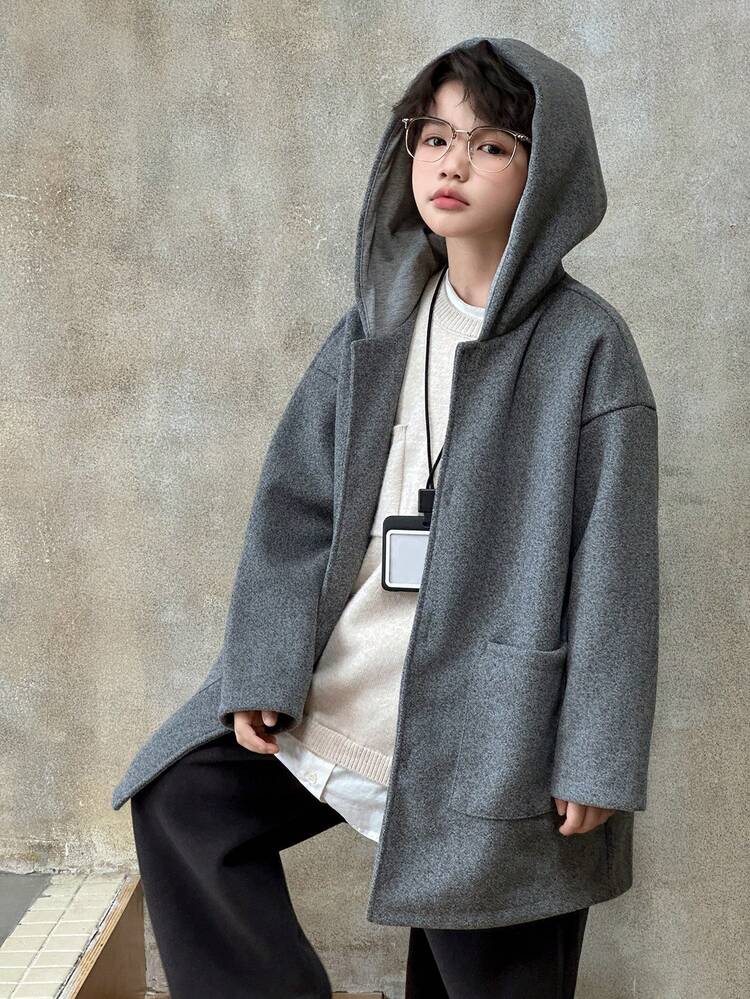 Tween Boy Solid Color Drop Shoulder Long Sleeve Single-Breasted Casual Loose Hooded Overcoat, Autumn/Winter