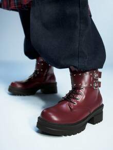 Sugerpunk 女士时尚百搭厚底厚底踝靴 - 紅色 - 查看 3