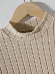 Teen Girls Elegant Minimalist Fashion Turtleneck Raglan Long Sleeve Cinched Waist Long Slit Design Fuzzy Ribbed Fabric Dress With Furry Vest Jacket And Khaki Belt, 3-Piece Set For Teen Girls, Autumn/Winter