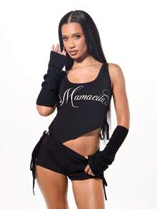 SUMWON WOMEN Mamacita 短款背心和褶皱短裤休闲套装节日装夏季休闲装 - 黑色 - 查看 3