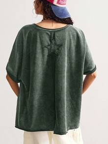 Bohemela 波西米亚乡村度假休闲风格铆钉针织圆领宽松水洗女式 T 恤 - 軍綠色 - 查看 7