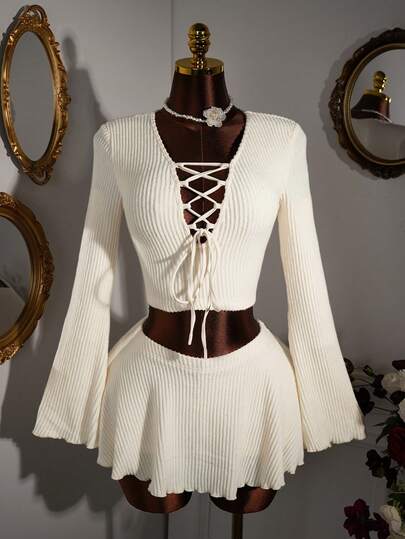 Amplova Ensemble mode sexy femme top court à manches longues avec design à nouer et mini-jupe de couleur unie