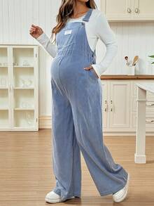 SHEIN Fall Clothes,Autumn Clothes,Maternity Autumn/Winter Clothes  2pcs Maternity Casual Ribbed Top & Ribbed Bib Pants Set - Blue - View 5