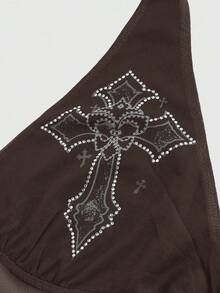 ROMWE Goth Women's Cross Rhinestone Mesh Side Ruched Halter Neck Camisole - Coffee Brown - View 3