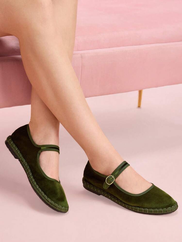 CUCCOO DOLLMOD Women's Elegant Velvet Classic Comfortable Velvet Mary Jane Flat Shoes, Leaf Green Spring Shoes - Army Green - View 8