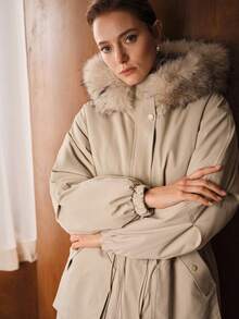 MOTF PREMIUM CASUAL DRAWSTRING WAIST FURRY TRIM HOODED WINTER COAT, AUTUMN/WINTER - Khaki - View 6