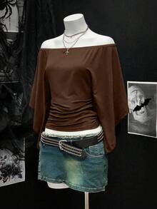 EgrlEra Women's Solid Color Flare Sleeve Off Shoulder Cinched Waist Retro Sexy T-Shirt - Brown - View 4