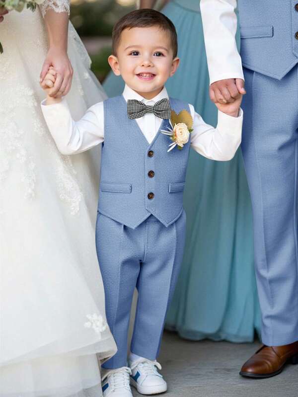 Conjunto de 3 piezas de ropa de caballero para niño pequeño: chaleco caqui, pantalón de cintura elástica, pajarita y camisa de manga larga, para primavera/verano