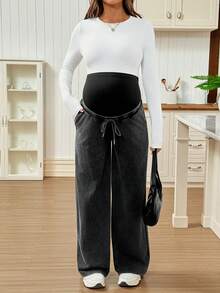 SHEIN 可调节腰部抽绳宽松阔腿裤，带口袋，休闲孕妇装，适合日常通勤 - 深灰色 - 查看 4