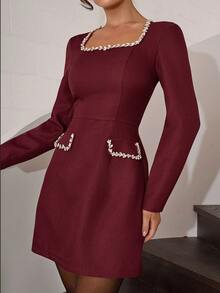 Modelyn Đầm ngắn cổ vuông tay raglan ôm sát viền màu cho nữ - Màu Đỏ Sâu - Xem 5
