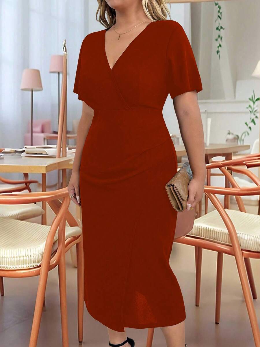 EMERY ROSE Plus Size Women Elegant V-Neck Short Sleeve Solid Color Ruched Midi Dress - Rust Brown - View 1