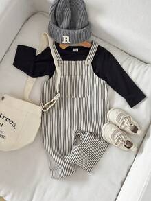 Playful Pals Infant Boys' Casual Striped Suspender Pants & Long Sleeve Round Neck Top Set, Autumn/Winter