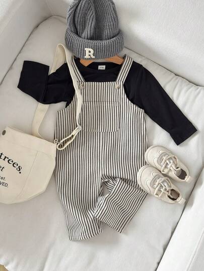 Playful Pals Infant Boys' Casual Striped Suspender Pants & Long Sleeve Round Neck Top Set, Autumn/Winter